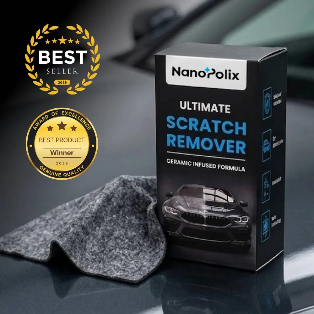 NanoPolix car scratch remover box and cloth on metallic car paint