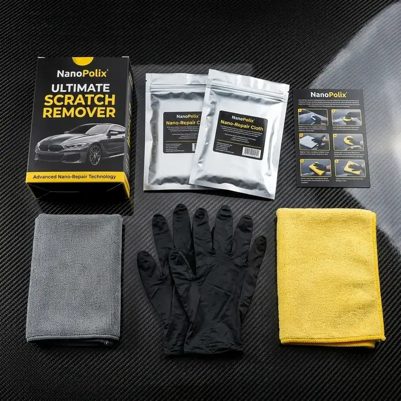 Complete unboxing layout of NanoPolix scratch remover box, pouches, gloves, and cloths